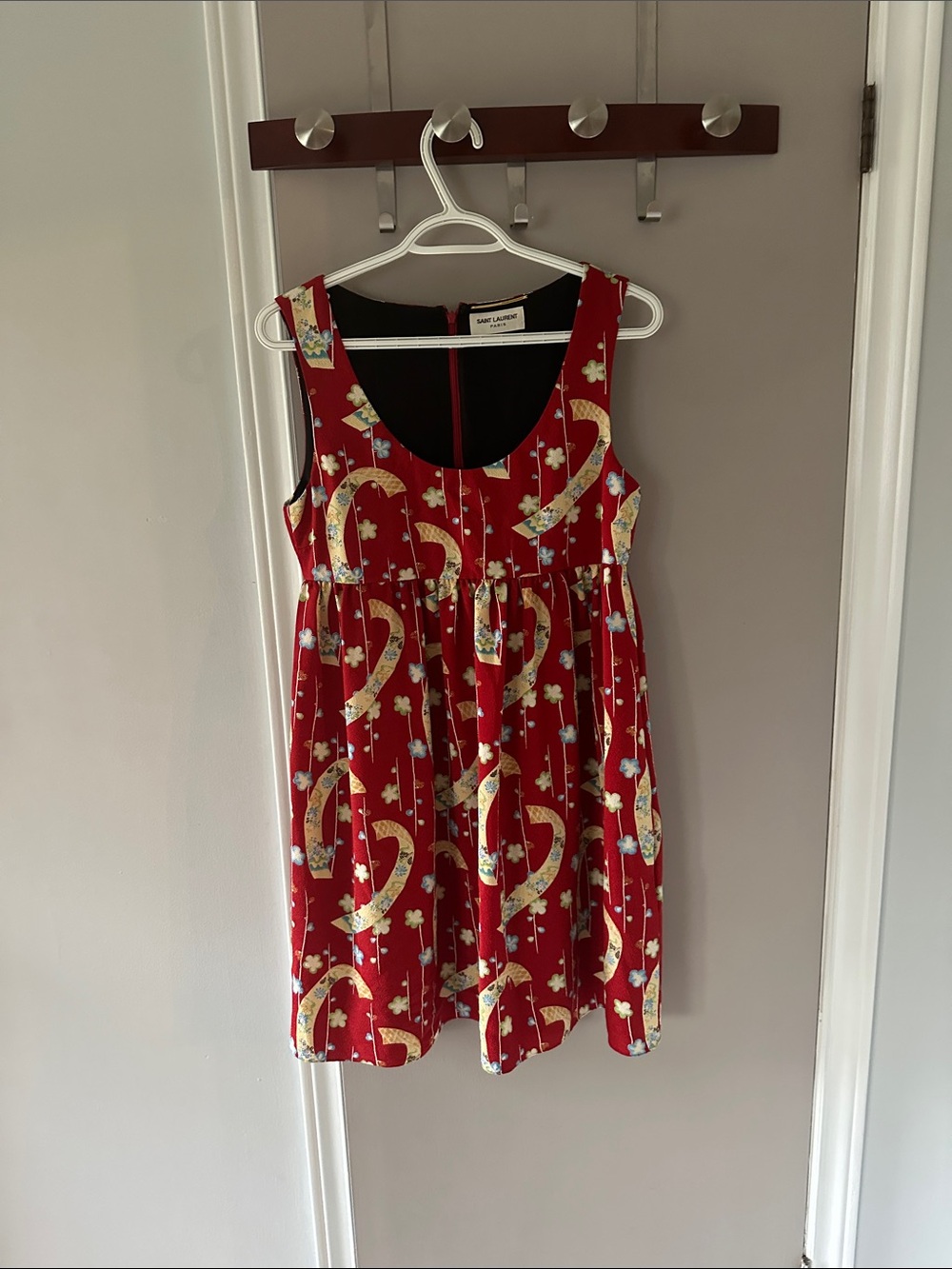 Saint Laurent Red Floral Crescent Print Sleeveless Babydoll Dress authentic new